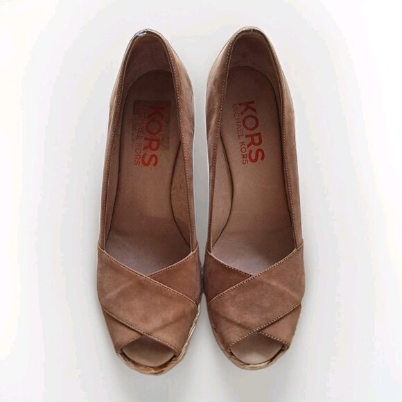 KORS BY MICHAEL KORS Tan Suede PEEP TOE Espadrille Wedge Heels SIZE 8M - Picture 1 of 6